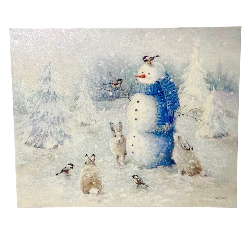 Large Blue & White Christmas Snowman Canvas with Wood Frame Wall Decor